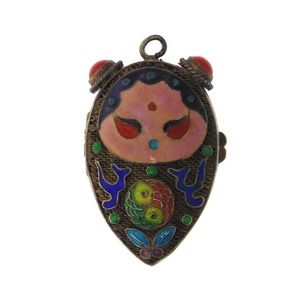 Chinese Export Sterling Silver Girl Yin Yang Enamel Coral Locket Pendant